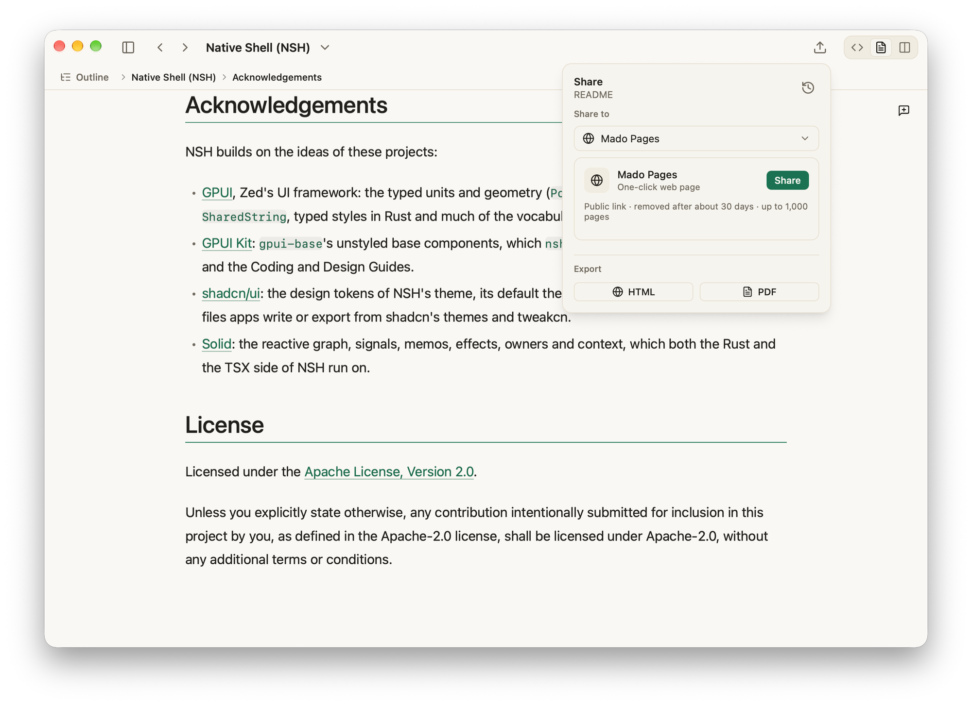 Sharing a document to Mado Pages